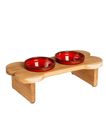 Feeding table ANYBELLY - Bone, natural oak with red ceramic bowls