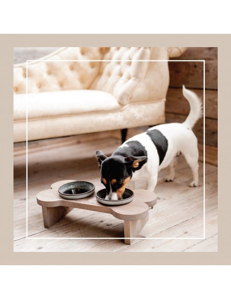 Feeding table ANYBELLY - Bone, natural oak with red ceramic bowls