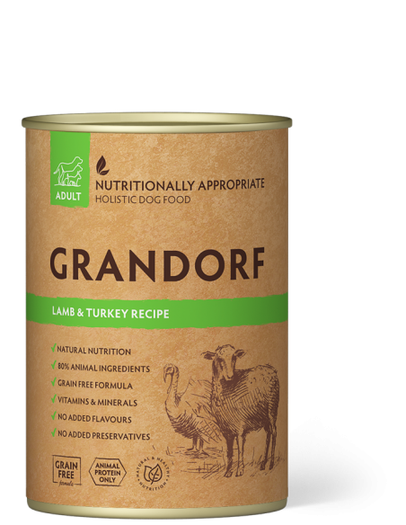 Canned food for dogs GRANDORF - canned lamb and turkey meat, for adult dogs, 400 gr