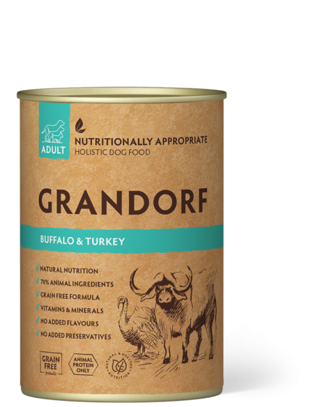 Canned food for dogs GRANDORF - canned buffalo and turkey meat, for adult dogs, 400 gr