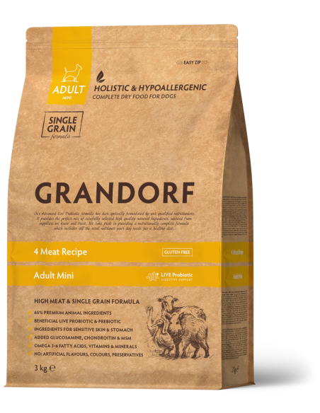 Dry food for small dogs GRANDORF - Adult Mini 4 Meat, turkey, lamb, duck, rabbit, 1 kg.