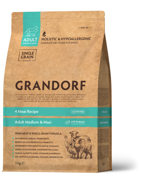 Dry dog ​​food GRANDORF - Adult 4 Meat, for medium and large breed dogs, turkey, lamb, duck, rabbit, 1 kg.
