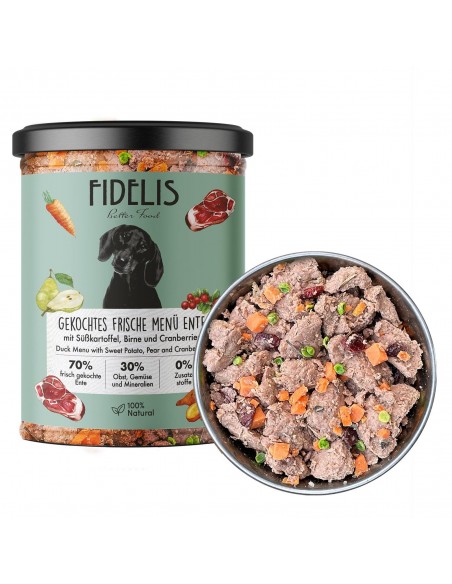 Canned dog food, FIDELIS, Duck Menu with Sweet Potatoes, Pear and Blueberries, 400gr.