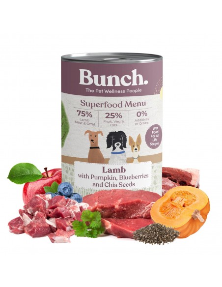 Canned Dog Food, BUNCH, Lamb with pumpkin, blueberries and chia seeds, 400g.
