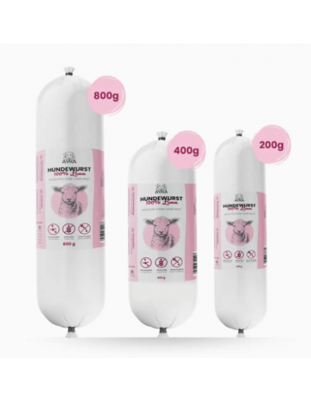 Wet Dog Food, lamb sausage, 400g, made in Germany.
